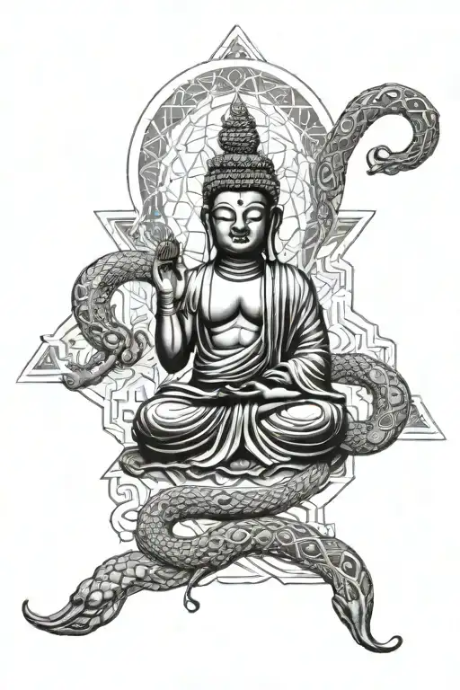 Incorporate sacred geometry and kabbalah symbols into a blackwork design featuring a snake wrapped around a buddha statue tattoo design idea