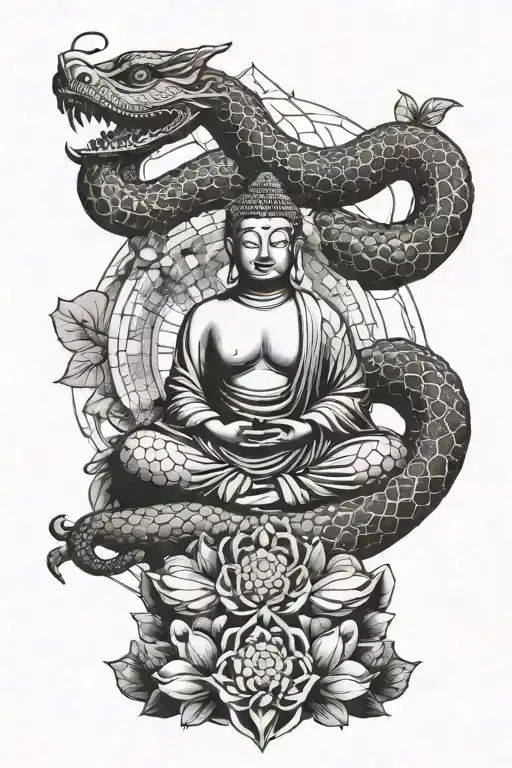 Incorporate sacred geometry and kabbalah symbols into a blackwork design featuring a snake wrapped around a buddha statue tattoo design idea