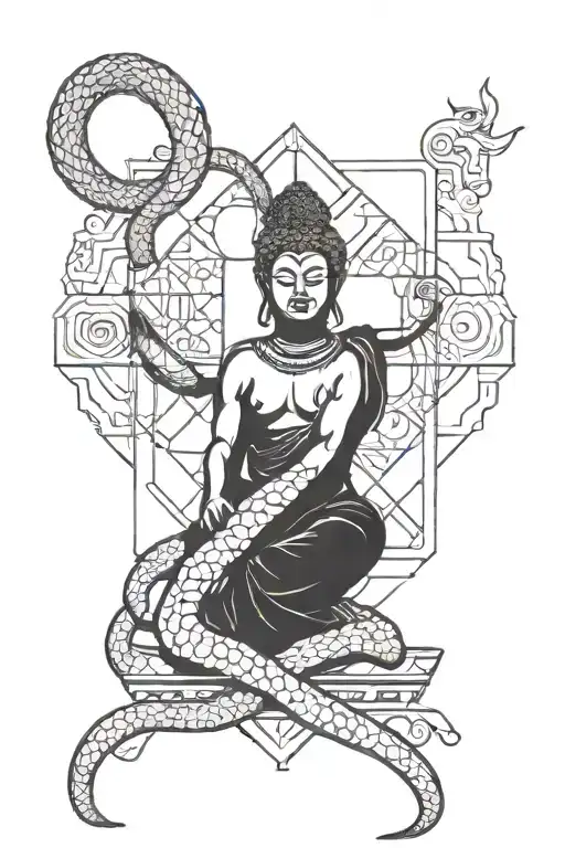 Incorporate sacred geometry and kabbalah symbols into a blackwork design featuring a snake wrapped around a buddha statue tattoo design idea