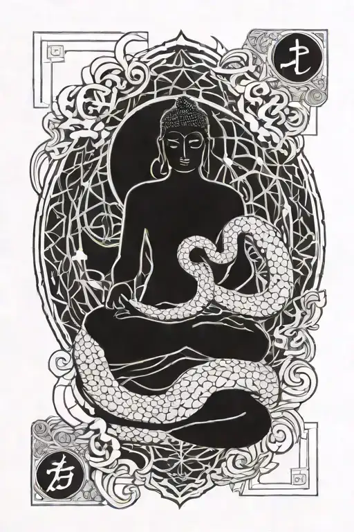 Incorporate sacred geometry and kabbalah symbols into a blackwork design featuring a snake wrapped around a buddha statue tattoo design idea