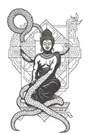 Incorporate sacred geometry and kabbalah symbols into a blackwork design featuring a snake wrapped around a buddha statue tattoo design idea