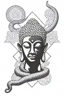 Incorporate sacred geometry and kabbalah symbols into a blackwork design featuring a snake wrapped around a buddha statue tattoo design idea