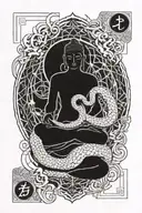 Incorporate sacred geometry and kabbalah symbols into a blackwork design featuring a snake wrapped around a buddha statue tattoo design idea