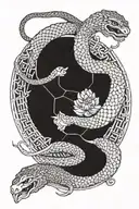 Incorporate sacred geometry and kabbalah symbols into a blackwork design featuring a snake wrapped around a buddha statue tattoo design idea