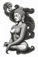Incorporate sacred geometry and kabbalah symbols into a blackwork design featuring a snake wrapped around a buddha statue tattoo design idea