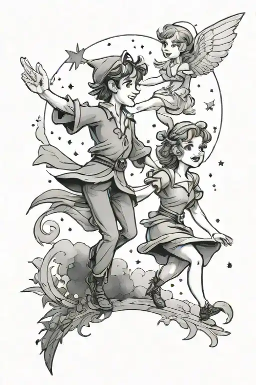 Peter Pan and wendy flying towards neverland, in night sky  tattoo design idea