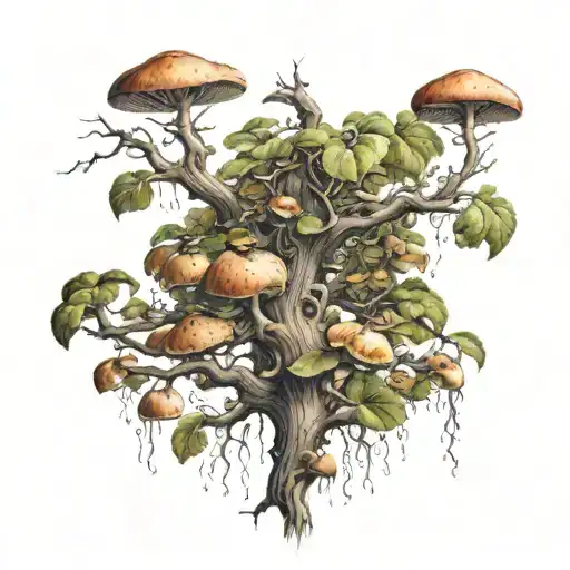 Apple tree with mushrooms on roots. tattoo design idea