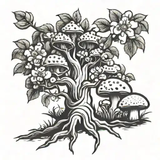 Apple tree with mushrooms on roots. tattoo design idea