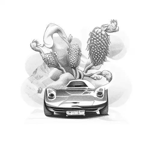 A sleek sports car surrounded by hop cones and barley, representing your passion for cars and beer tattoo design idea