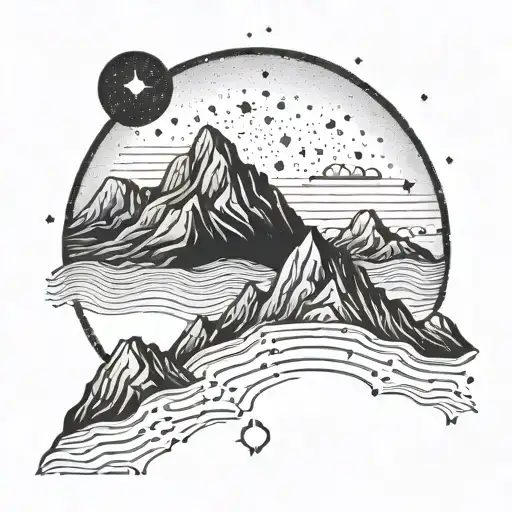 A serene night sky over a mountain range with subtle quantum symbols hidden in the stars tattoo design idea