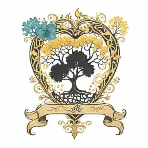 A heart-shaped tree of life. Inside, well integrated, a large dandelion, a large princess tiara, a tattoo design idea