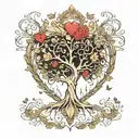 A heart-shaped tree of life. Inside, well integrated, a large dandelion, a large princess tiara, a tattoo design idea