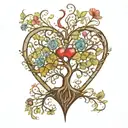 A heart-shaped tree of life. Inside, well integrated, a large dandelion, a large princess tiara, a tattoo design idea