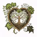 A heart-shaped tree of life. Inside, well integrated, a large dandelion, a large princess tiara, a tattoo design idea