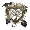 A heart-shaped tree of life. Inside, well integrated, a large dandelion, a large princess tiara, a tattoo design idea