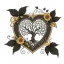 A heart-shaped tree of life. Inside, well integrated, a large dandelion, a large princess tiara, a tattoo design idea