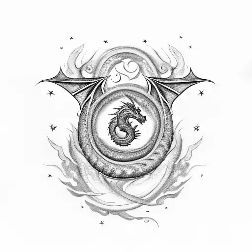 Dragon with negative space star bursts in it's wings and baroque-era flourishes coming off of it's tail tattoo design idea