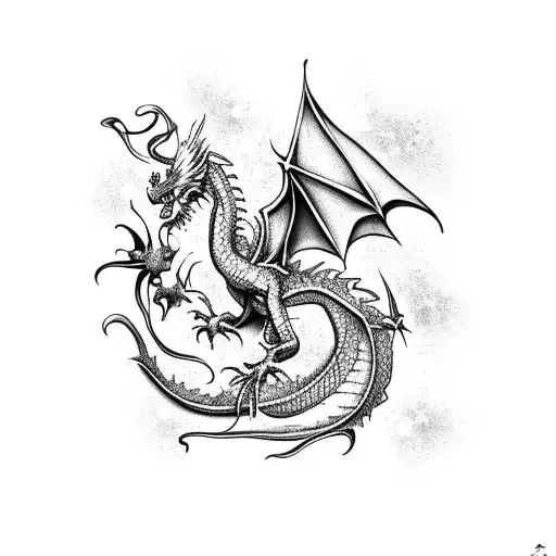 Flying dragon with white star bursts in it's wings and baroque-era flourishes coming off of it's tail tattoo design idea