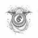 Dragon with negative space star bursts in it's wings and baroque-era flourishes coming off of it's tail tattoo design idea