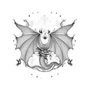 Dragon with negative space star bursts in it's wings and baroque-era flourishes coming off of it's tail tattoo design idea