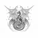 Dragon with negative space star bursts in it's wings and baroque-era flourishes coming off of it's tail tattoo design idea