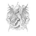 Dragon with negative space star bursts in it's wings and baroque-era flourishes coming off of it's tail tattoo design idea