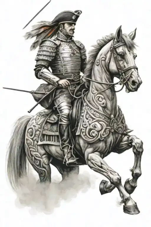 hyper realistic polish hussar warrior riding a horse tattoo design idea