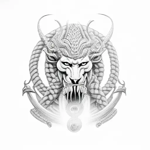 A realistic portrait of Exú, the African deity of rap, with thunderbolts and a dragon in the background tattoo design idea