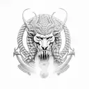 A realistic portrait of Exú, the African deity of rap, with thunderbolts and a dragon in the background tattoo design idea