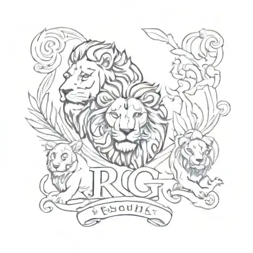 tattoo representing a family composed of a lion, a lioness and two cubs, with the letters R and G tattoo design idea