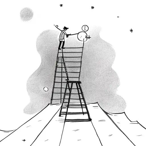 A man on the ladder, working on a rooftop rises into the night sky. tattoo design idea