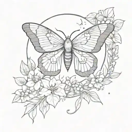 moth with moon in background, snake and flowers tattoo design idea
