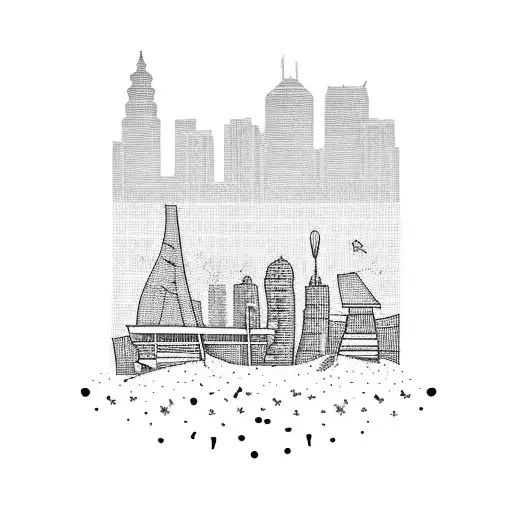 beach with sand and beachvolleyball, urban skyline background in the sunset tattoo design idea