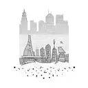 beach with sand and beachvolleyball, urban skyline background in the sunset tattoo design idea