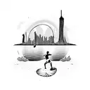 beach with sand and beachvolleyball, urban skyline background in the sunset tattoo design idea