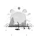 beach with sand and beachvolleyball, urban skyline background in the sunset tattoo design idea