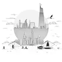 beach with sand and beachvolleyball, urban skyline background in the sunset tattoo design idea