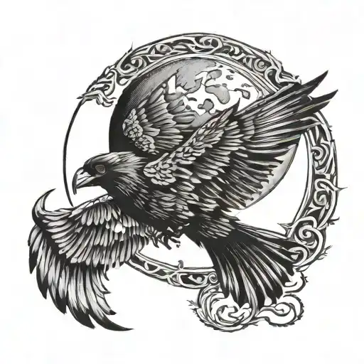 A crescent moon shining as a Raven is flying past it tattoo design idea