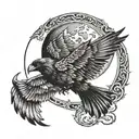 A crescent moon shining as a Raven is flying past it tattoo design idea