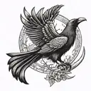 A crescent moon shining as a Raven is flying past it tattoo design idea