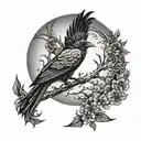 A crescent moon shining as a Raven is flying past it tattoo design idea