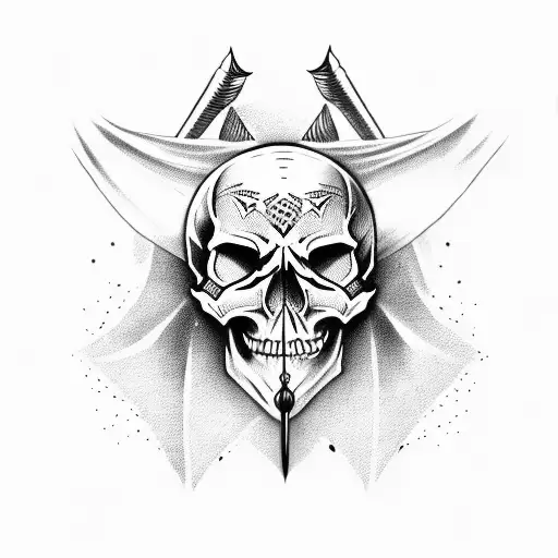 skull with bat wings and dagger in head tattoo design idea