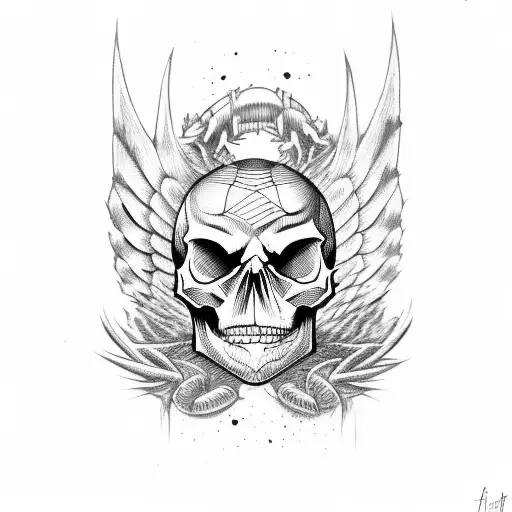 skull with bat wings and dragger in head tattoo design idea