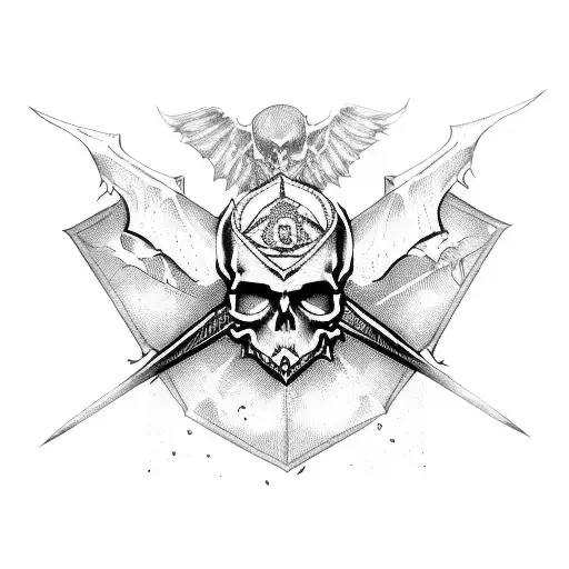 skull with bat wings and dagger in head tattoo design idea