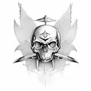 skull with bat wings and dagger in head tattoo design idea