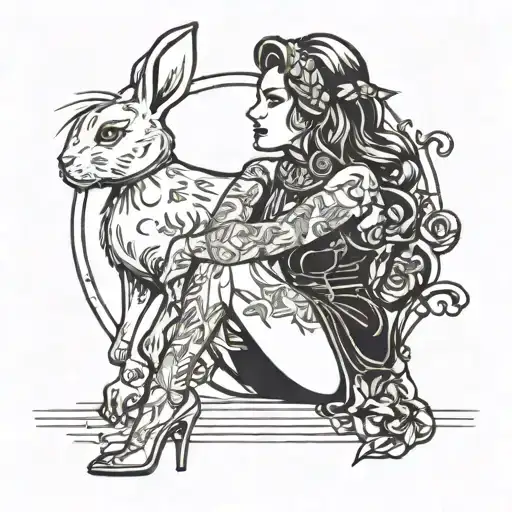 outline of a bunny girl stripper posing sexually, voluptuous curves, high heel and fush tattoo design idea