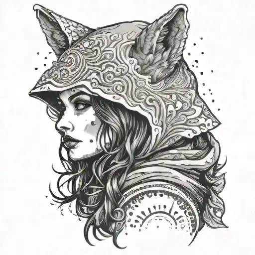 little red riding hood but her face is a wolf face tattoo design idea