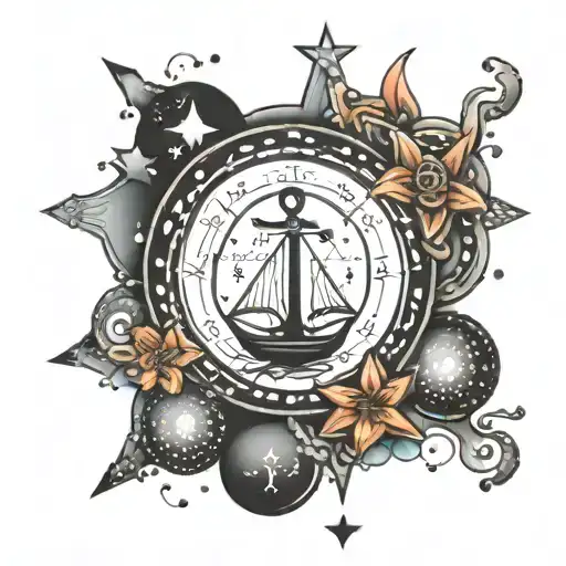 star surrounded by a G. zodiac signs libra and taurus. dots. letters S and M. boat in the water and cross. tattoo design idea