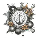 star surrounded by a G. zodiac signs libra and taurus. dots. letters S and M. boat in the water and cross. tattoo design idea