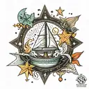 star surrounded by a G. zodiac signs libra and taurus. dots. letters S and M. boat in the water and cross. tattoo design idea